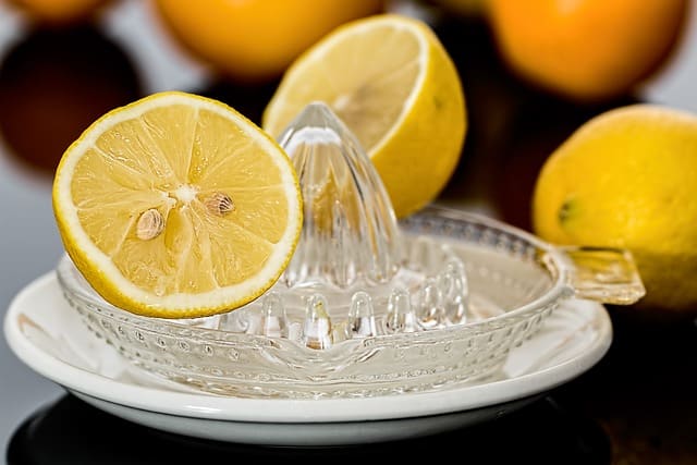 Ilustração de uma variedade de frutas e legumes ricos em vitamina C, como laranjas, limões
